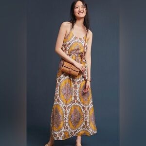 Anthropologie Akemi + Kin Yellow and Purple Patterned Maxi Dress with Gold